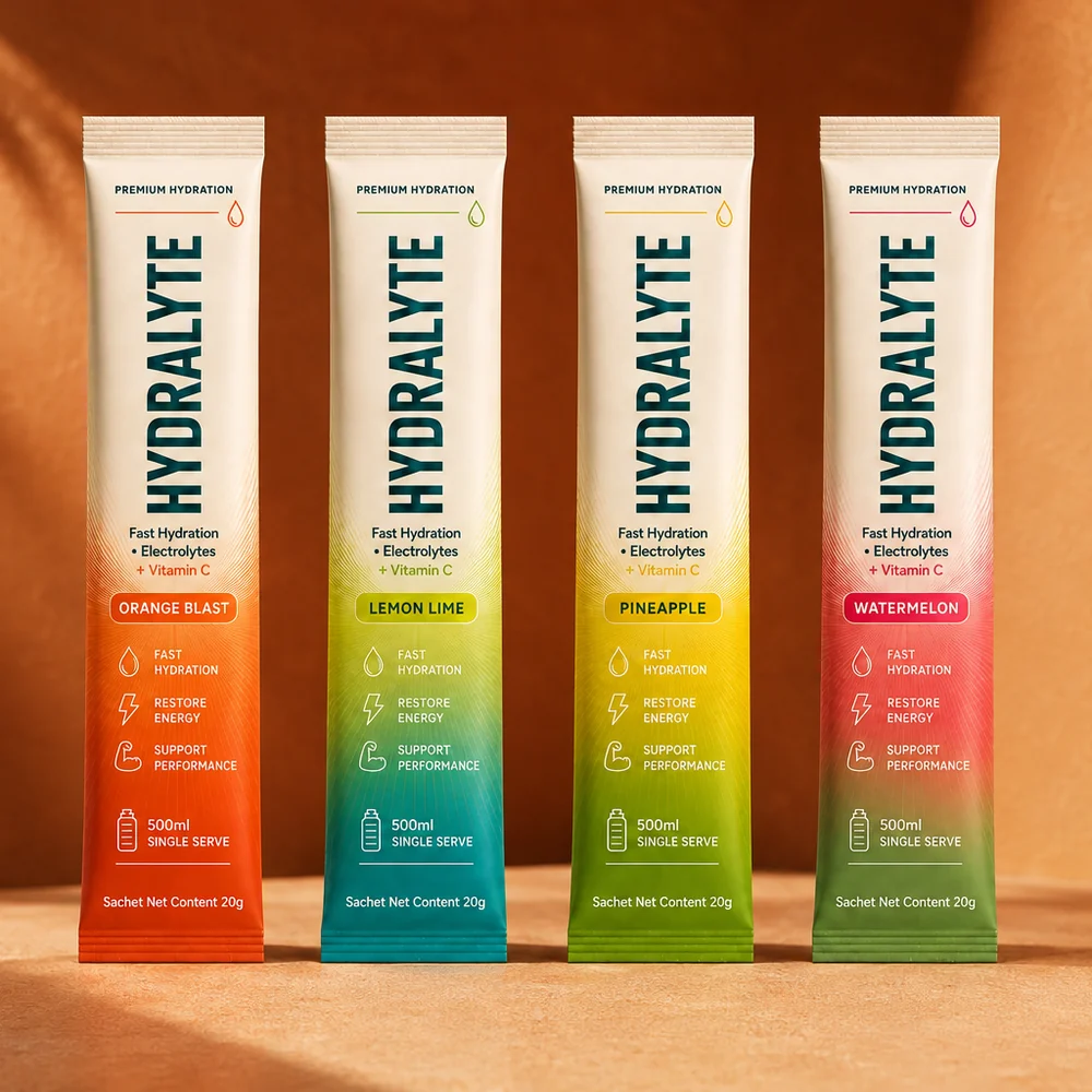 Hydralyte 20 g electrolyte sticks in all four flavours: Orange Blast, Lemon Lime, Pineapple and Watermelon