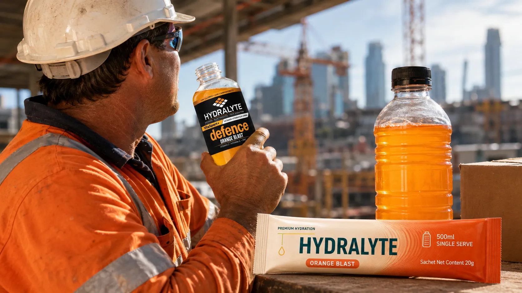 A worker in full PPE taking a hydration break under midday sun