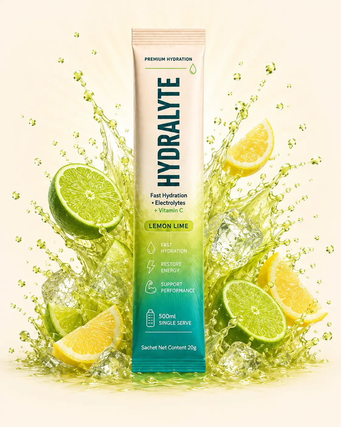 Hydralyte Lemon Lime 20 g stick sachet in a burst of lime and lemon slices