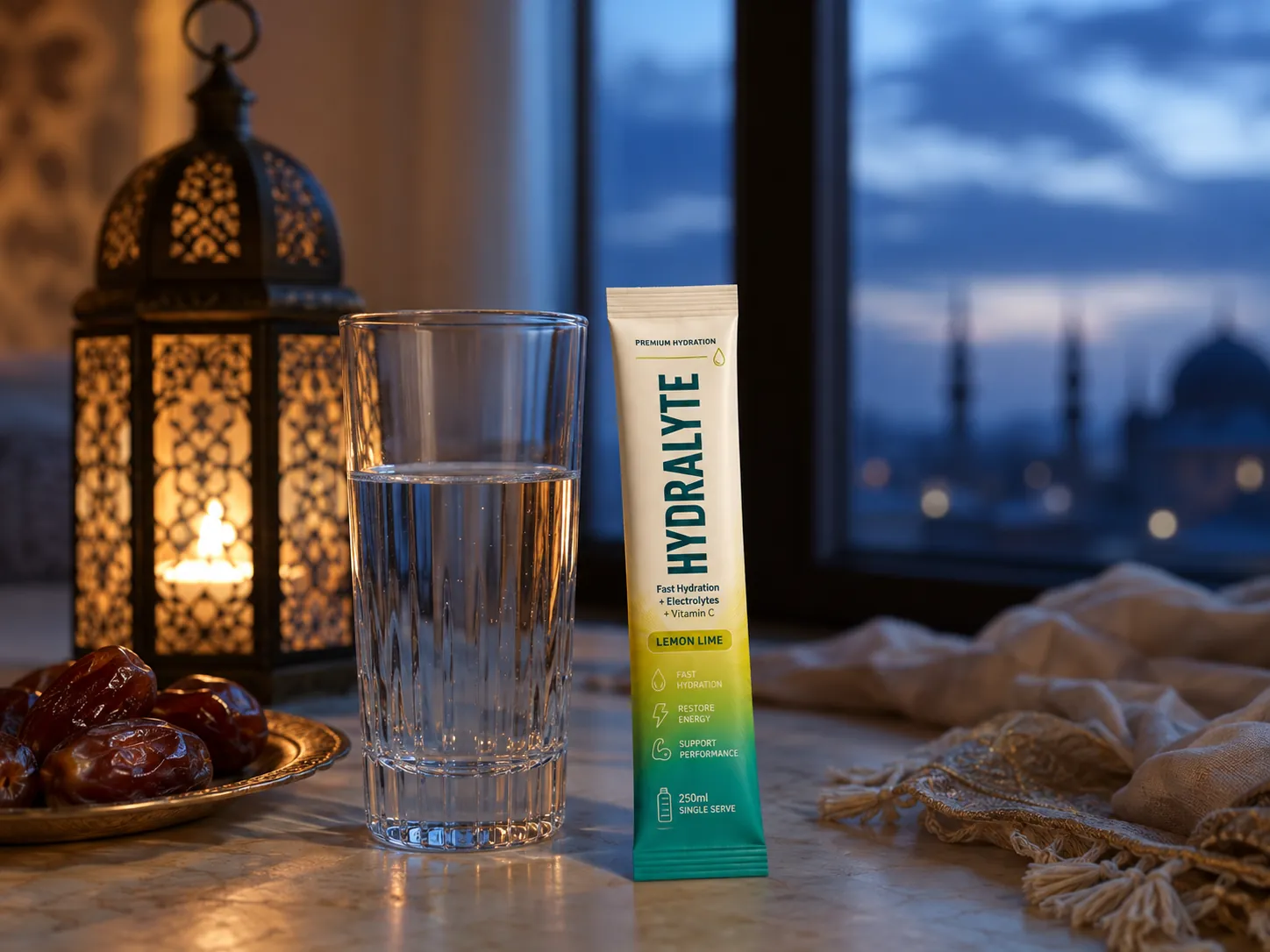 Pre-dawn suhoor table with a glass of water, dates, a lit lantern and a Hydralyte Lemon Lime 10 g mini stick laid beside the glass