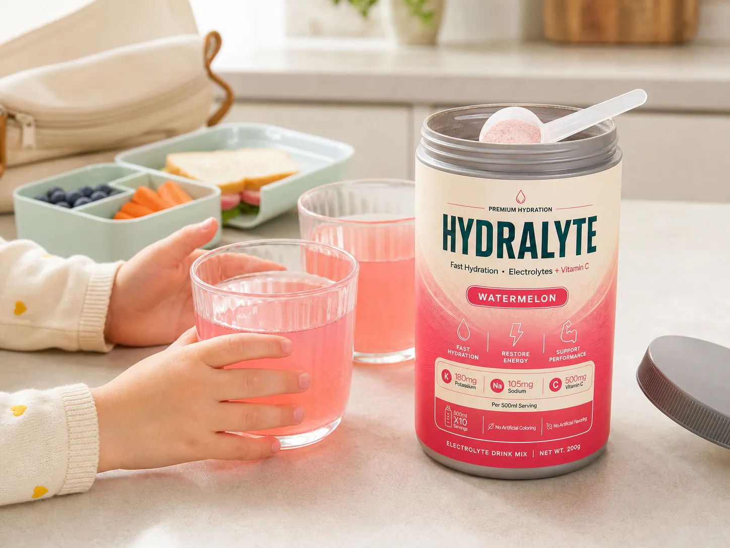 Hydralyte Watermelon 200 g jar open with its scoop on a bright kitchen island, two small glasses of mixed drink and a child's hands reaching for one