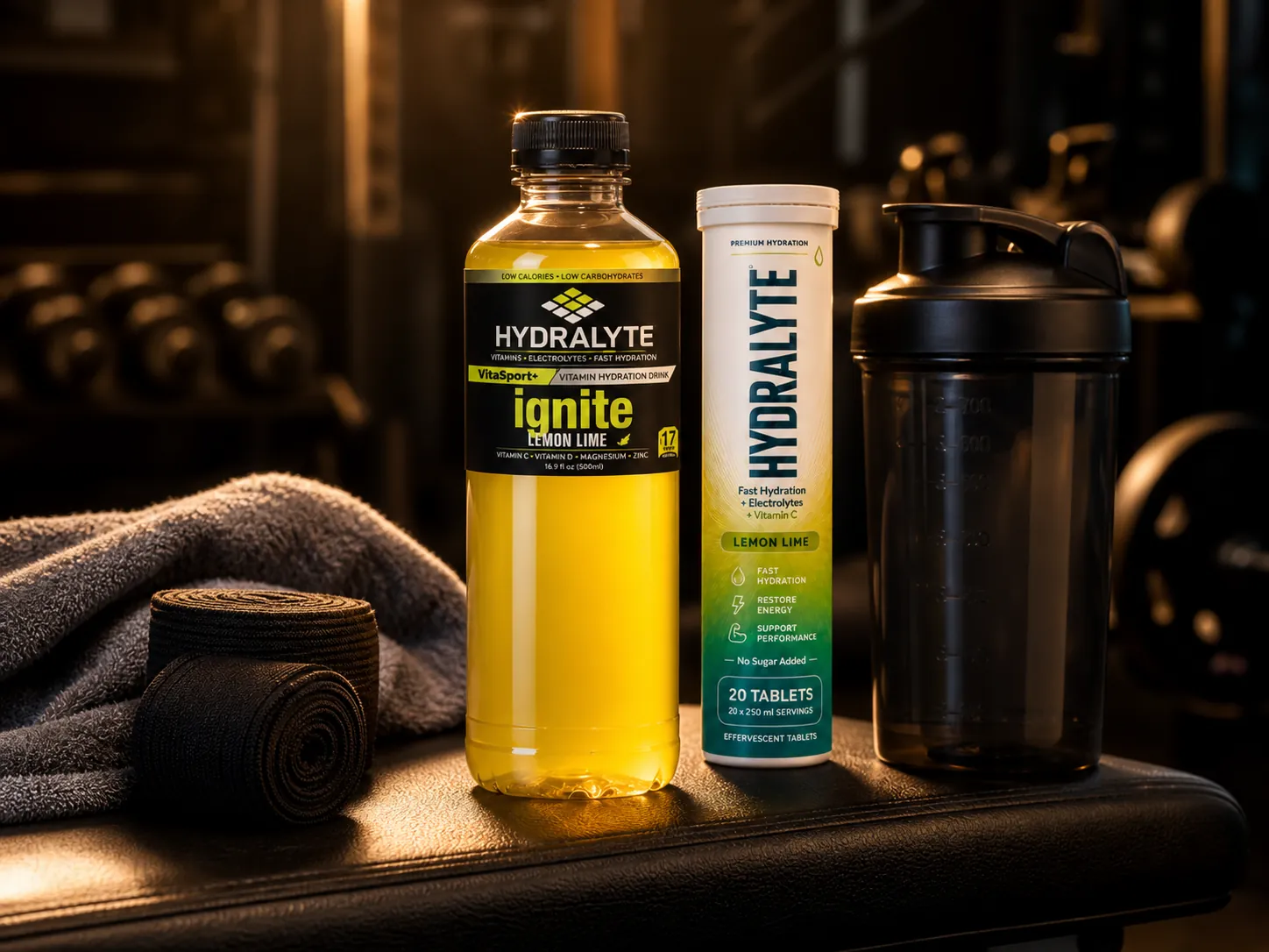 VitaSport+ 500 ml bottle beside a Hydralyte Lemon Lime 20-tablet effervescent tube, a shaker and a sweat towel on a gym bench in warm light