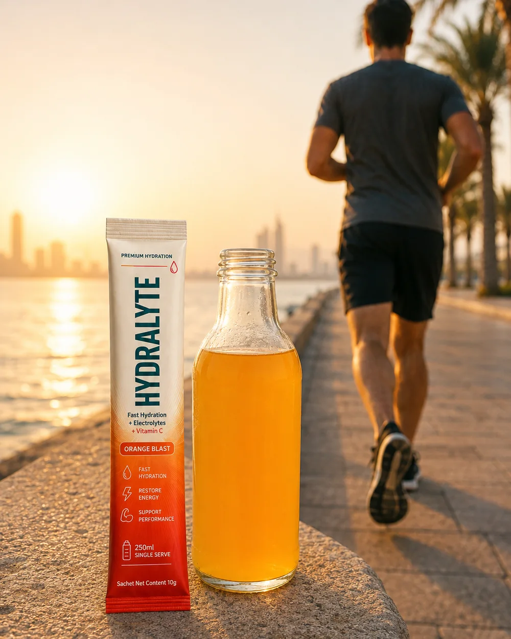 Hydralyte Orange Blast 10 g stick and a bottle of orange electrolyte drink on a waterfront wall at sunrise with a runner behind