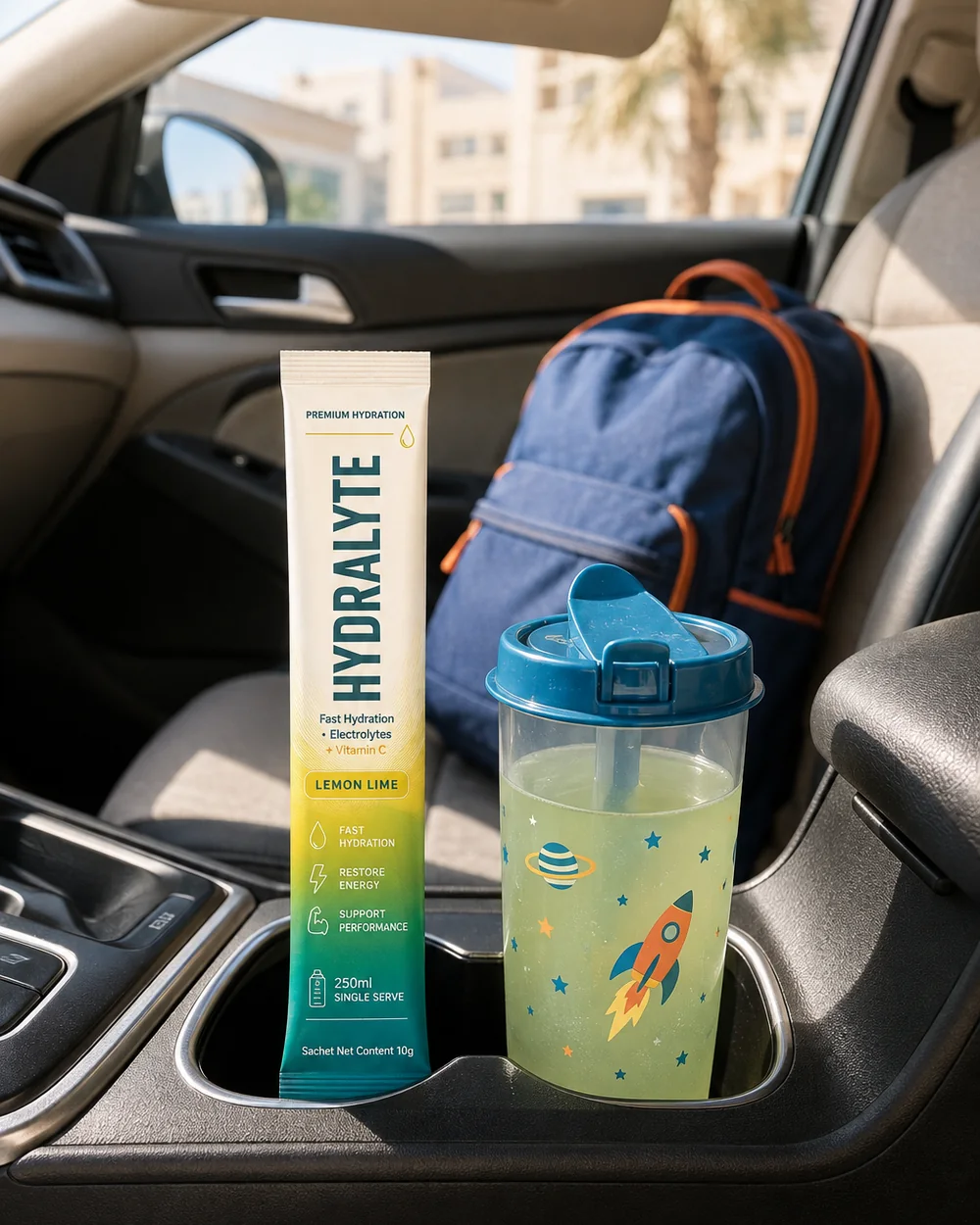 Hydralyte Lemon Lime 10 g stick and a kids' cup of electrolyte drink on a car console on the school run