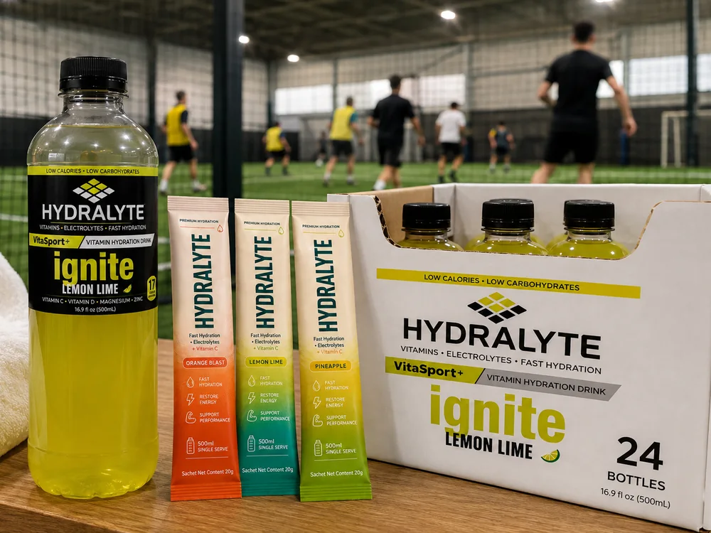 Indoor five-a-side pitch bench with an open VitaSport+ 24-pack case, Hydralyte 20 g sticks and towels, players on the pitch behind