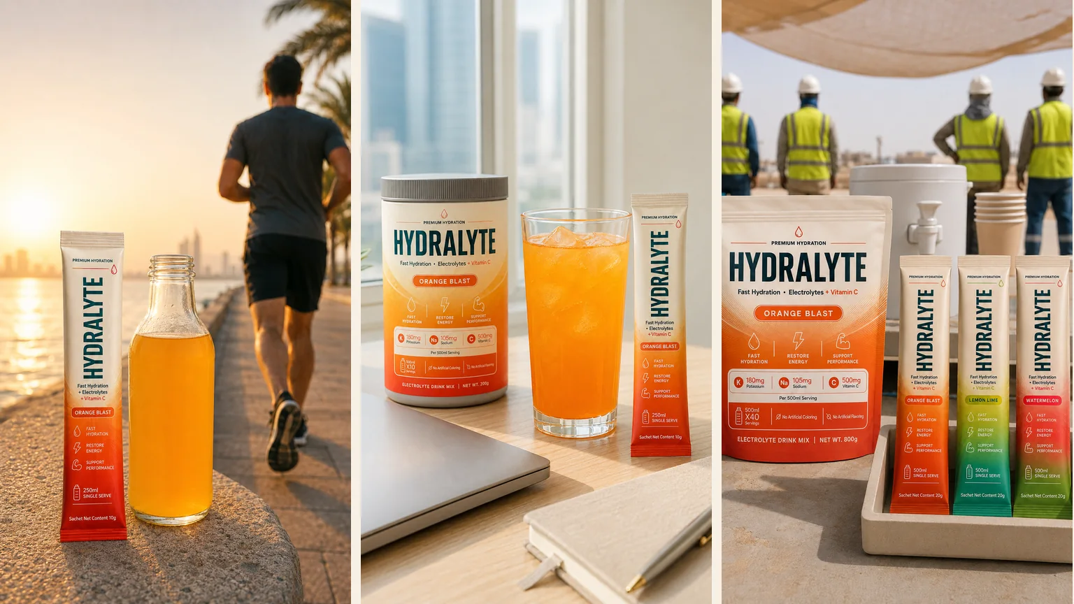 Three ways the heat finds you: a dawn run on the waterfront with a Hydralyte 10 g stick, an office desk with a 200 g jar and a glass of the mixed drink, and a shaded site welfare station with an 800 g pouch and 20 g sticks