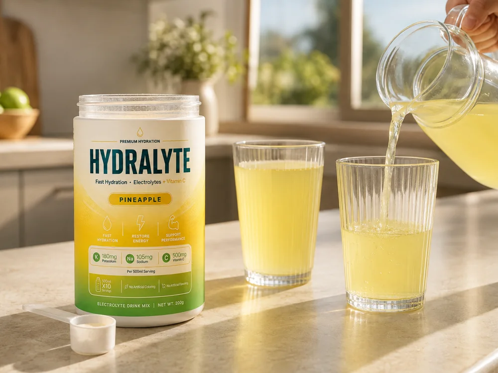 Morning kitchen counter with a Hydralyte Pineapple 200 g jar, the scoop and two glasses being filled from a jug