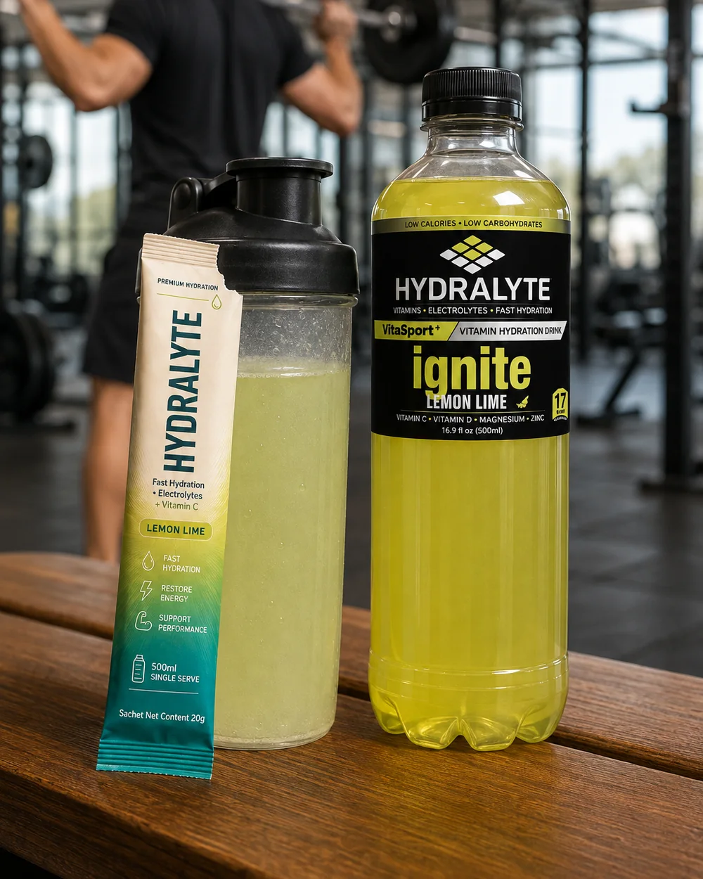 Air-conditioned gym bench with a torn-open Hydralyte Lemon Lime 20 g stick, a shaker of pale green drink and a VitaSport+ Ignite bottle