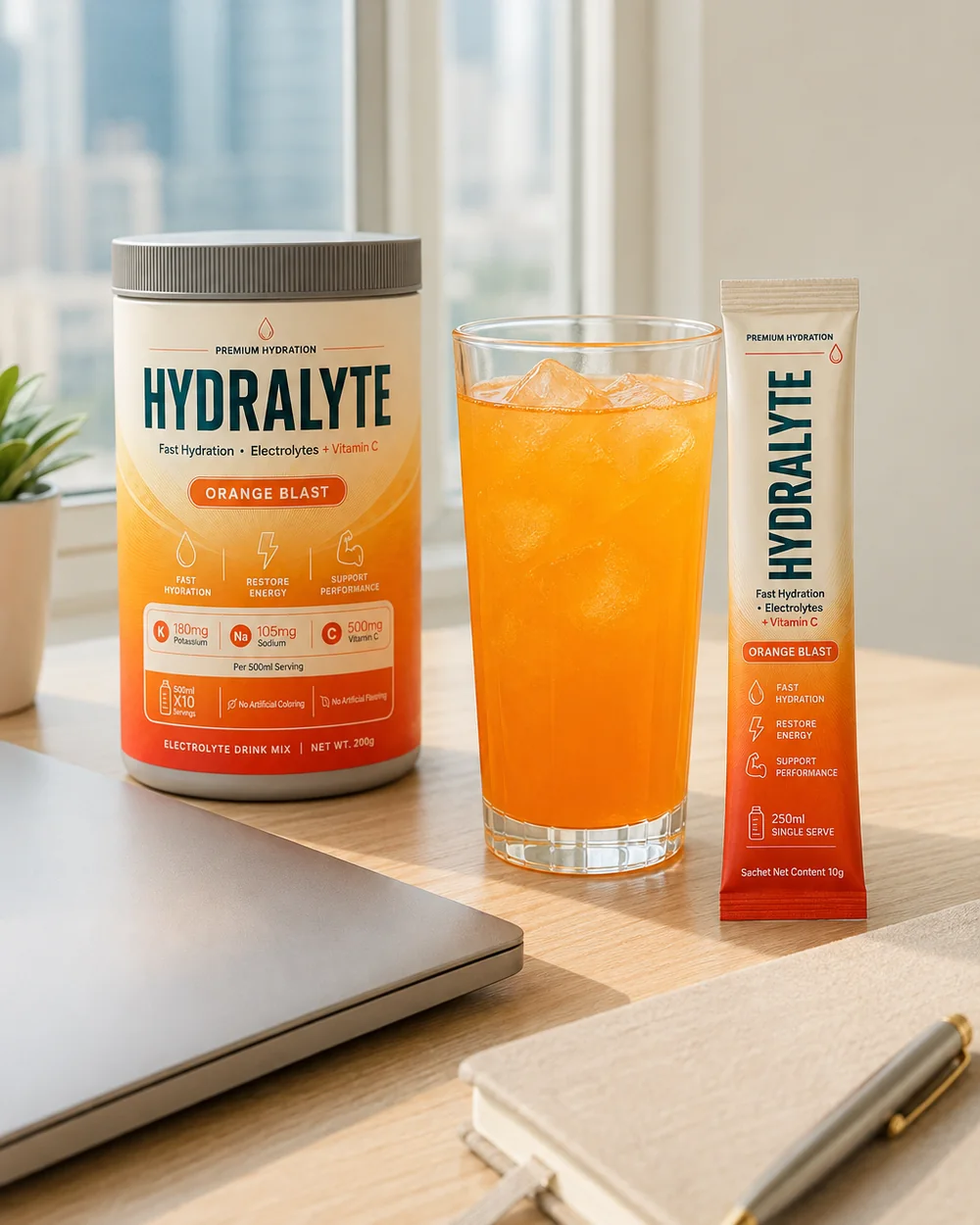 Hydralyte Orange Blast 10 g stick and a 200 g jar beside a glass of electrolyte drink on a bright office desk