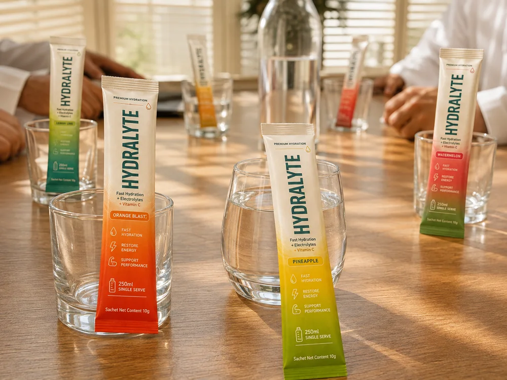Meeting-room table with a water carafe, glasses and Hydralyte 10 g sticks laid at each place setting under sunlit blinds