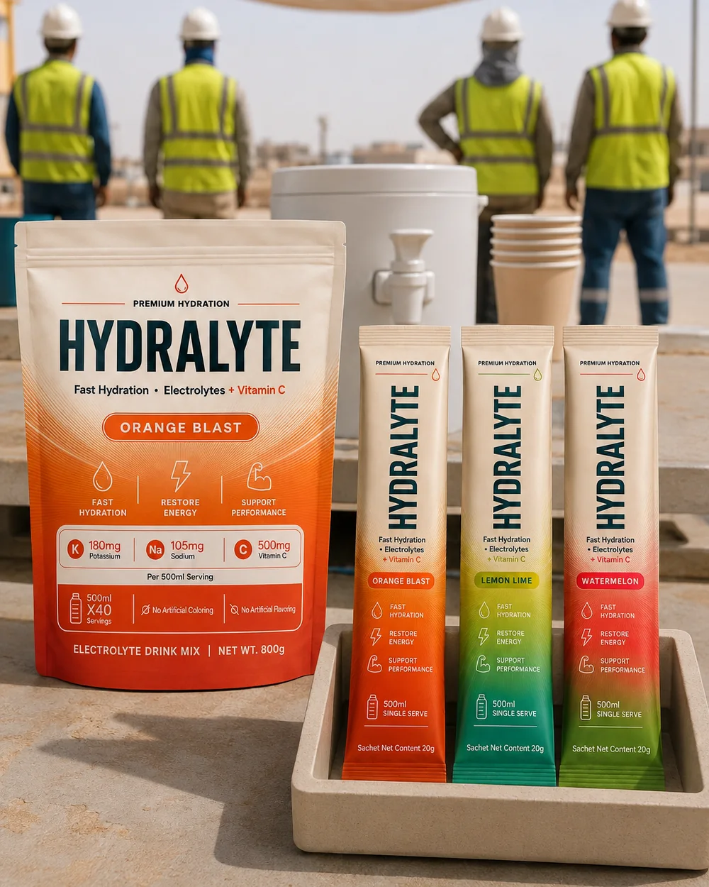Hydralyte 800 g pouch, dispenser, cups and 20 g sticks on a shaded site welfare station with crews in the background