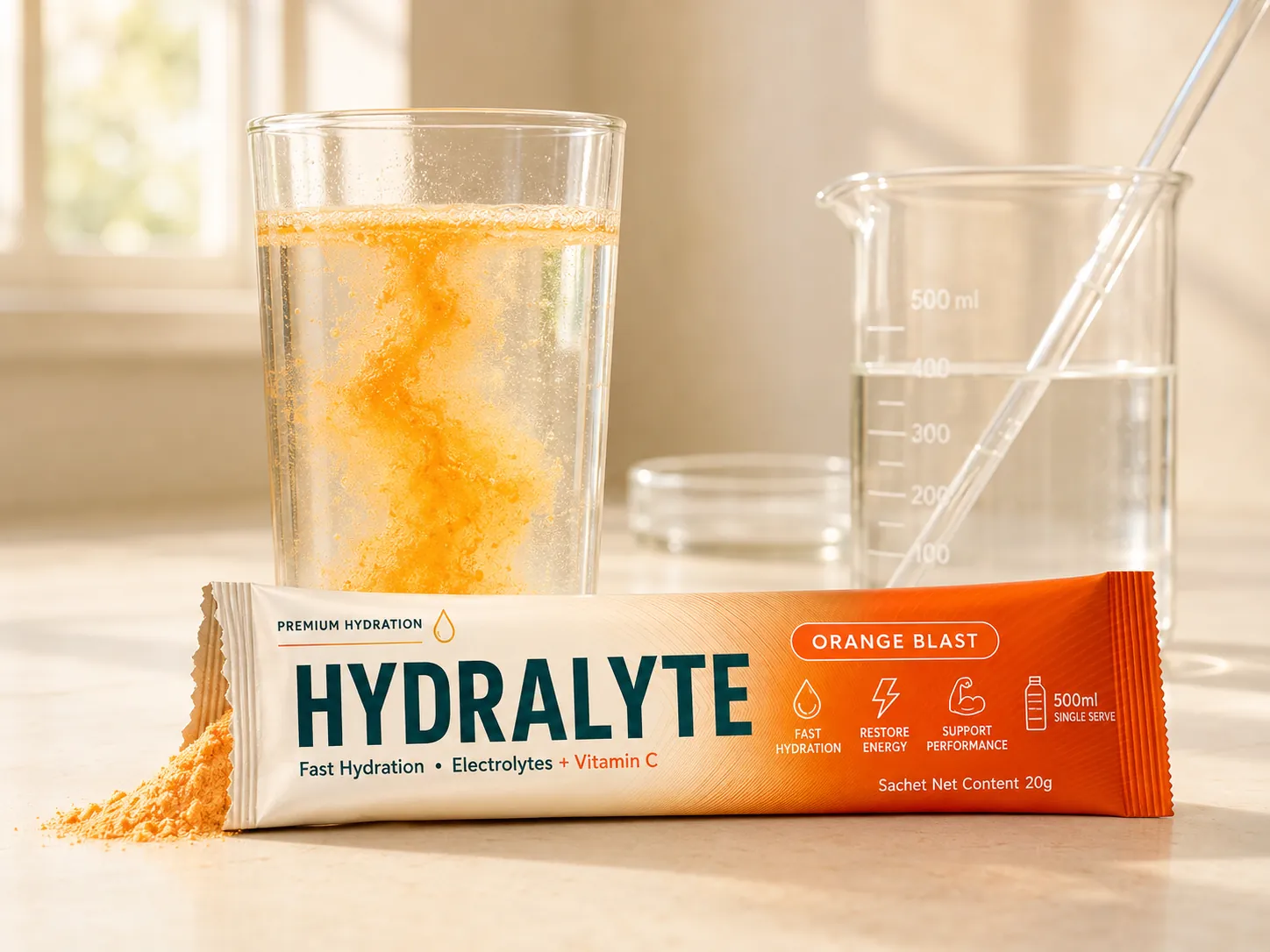 A glass of water with a Hydralyte 20 g stick and electrolyte powder beside laboratory glassware in golden light